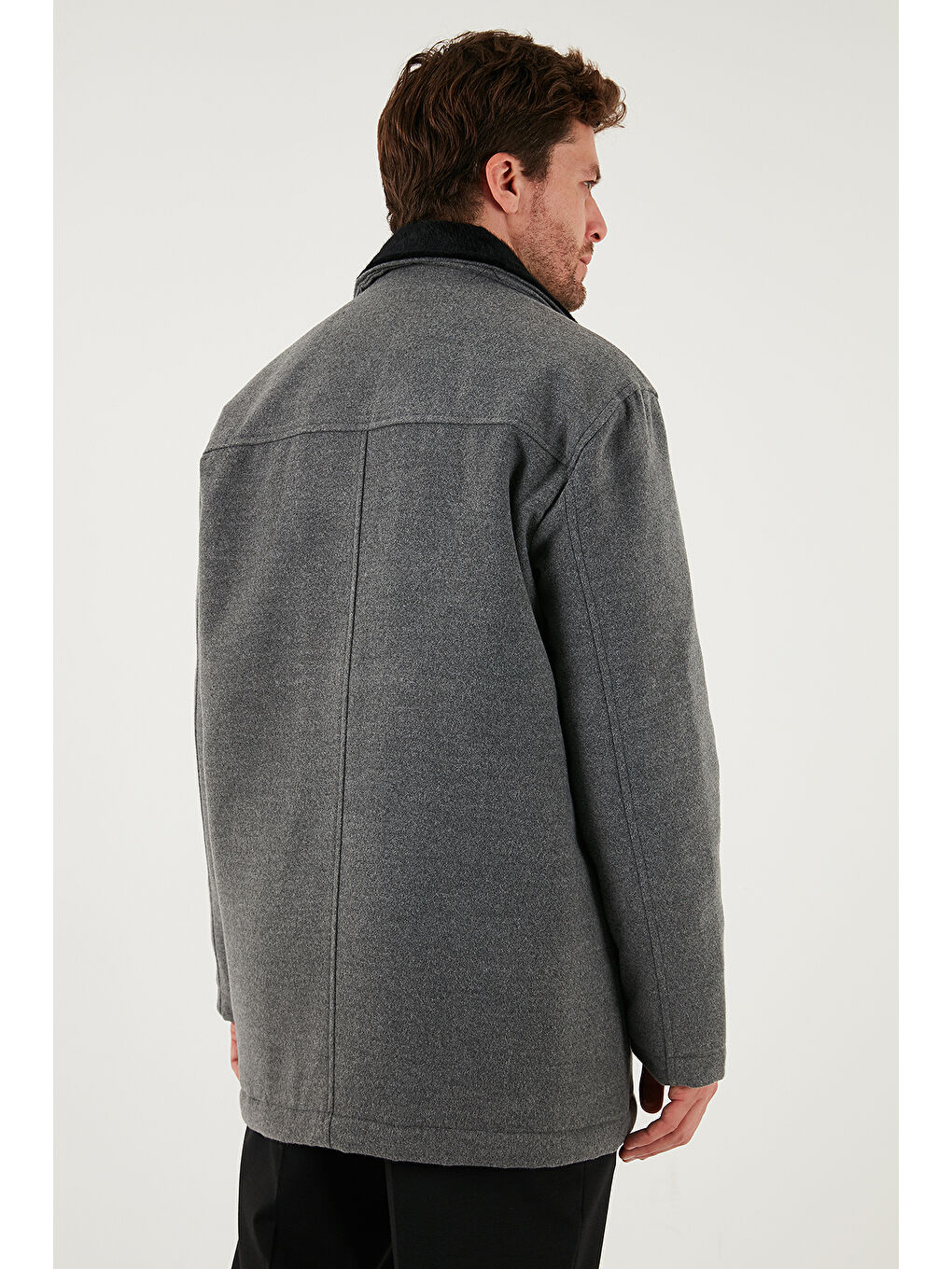 Gri Slim Fit Çıkarılabilir Tüylü Yaka Detaylı Astarlı Kaşe Kaban 58400217-6