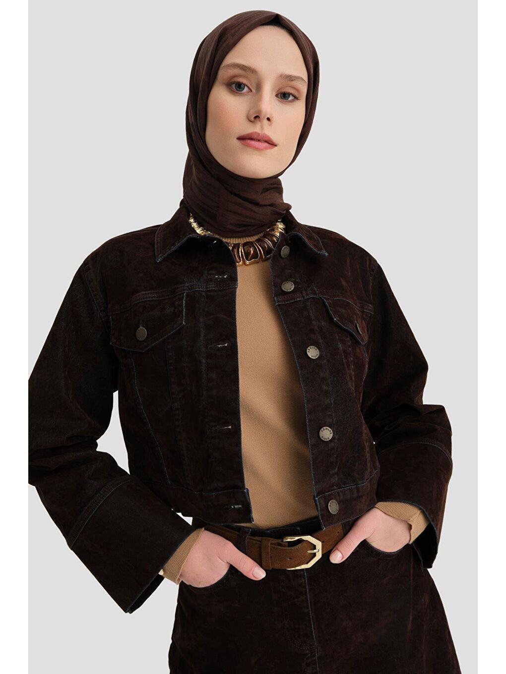 Flok Baskılı Denim Takım 24Kd3401 Kahverengi-1