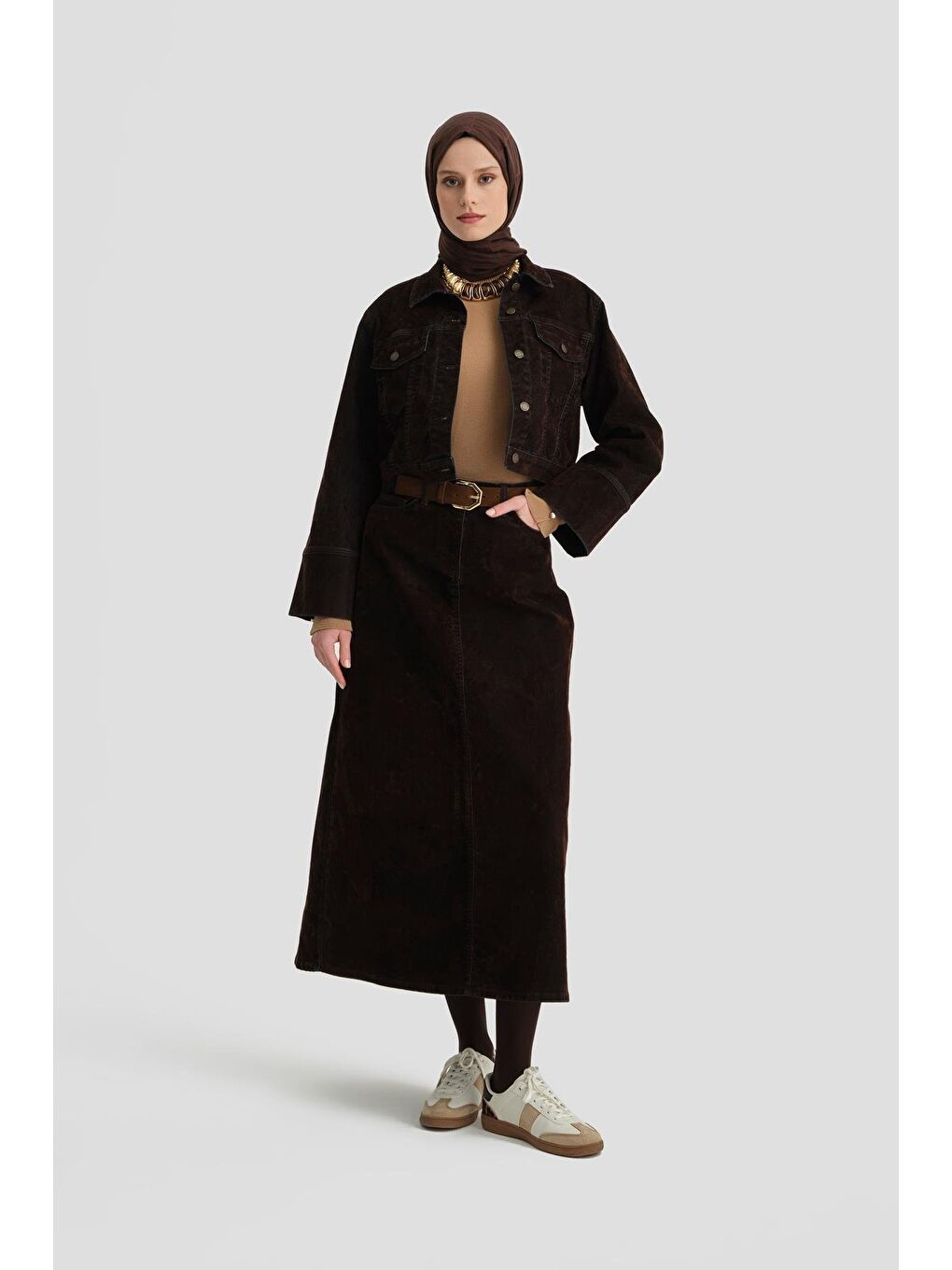 Flok Baskılı Denim Takım 24Kd3401 Kahverengi-2