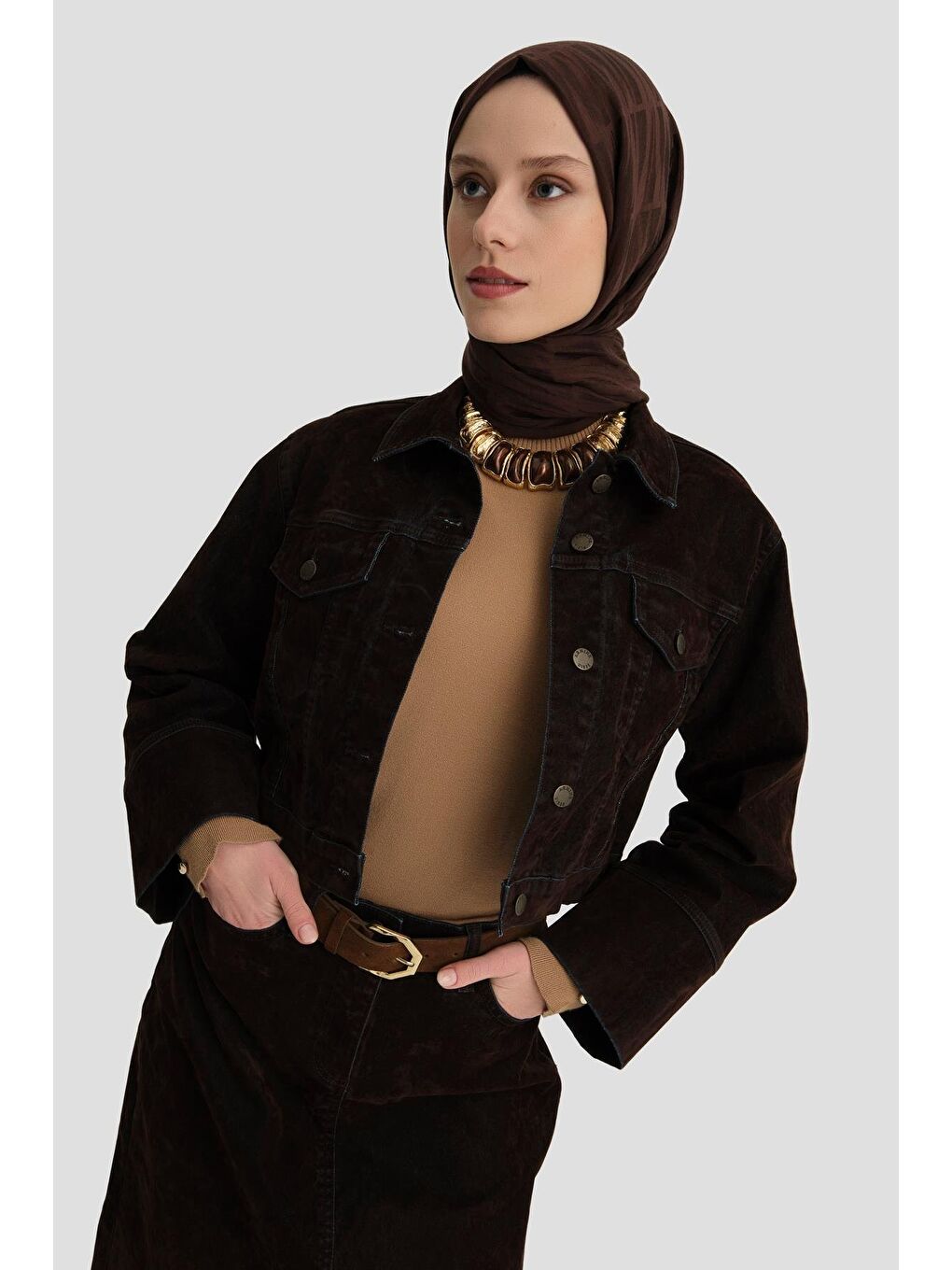 Flok Baskılı Denim Takım 24Kd3401 Kahverengi-3