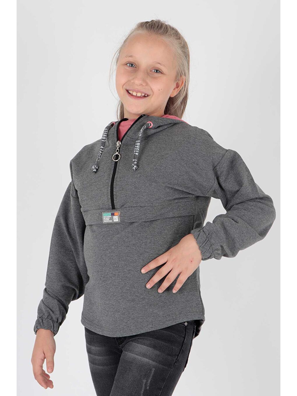 Antrasit Kids Kız Kapşonlu Sweat Uzun Kollu Fermuarlı Hoodie Pamuklu Ak15260