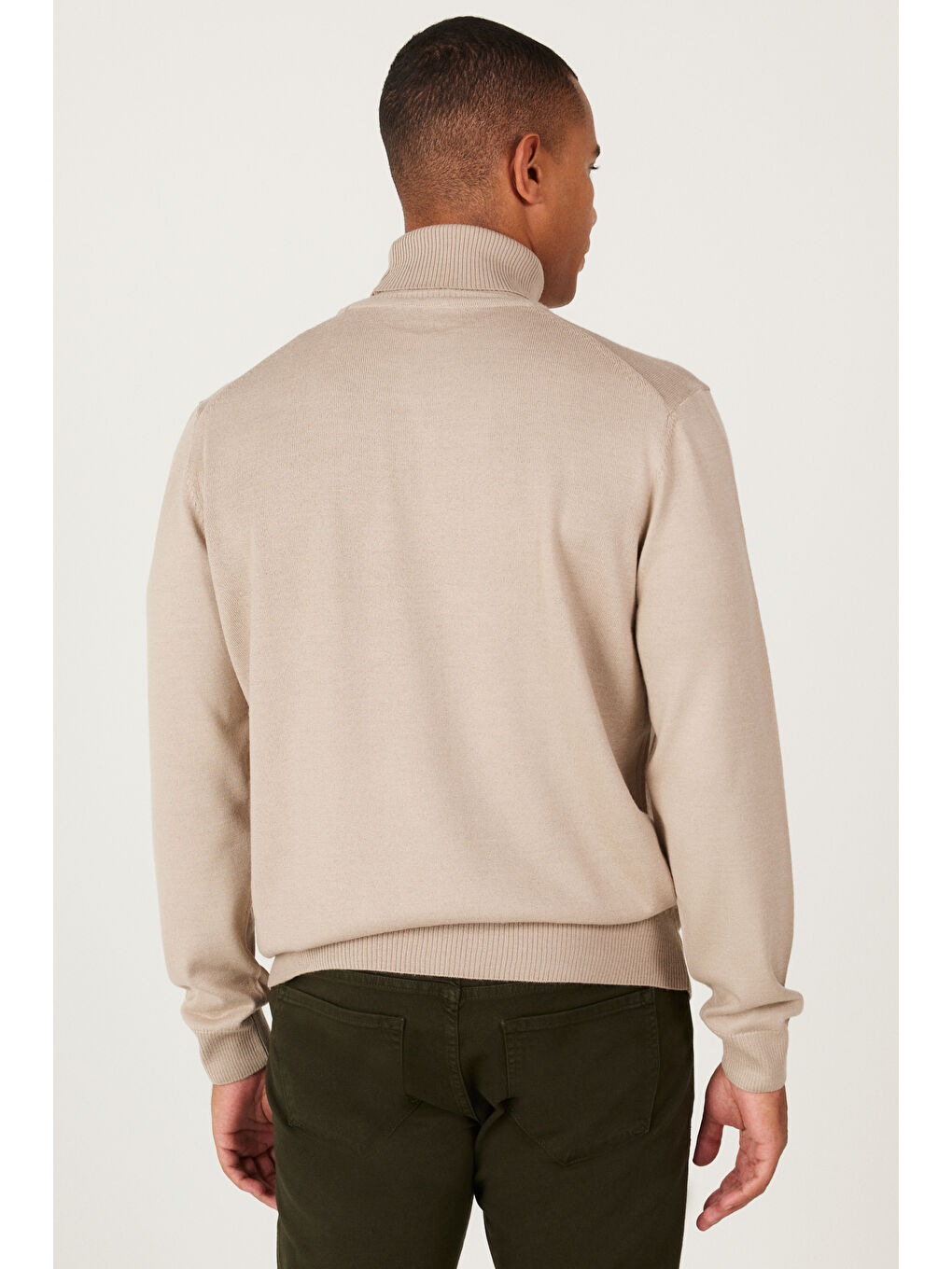 Erkek Bej Standart Fit Normal Kesim Tam Balıkçı Yaka Triko Kazak-5