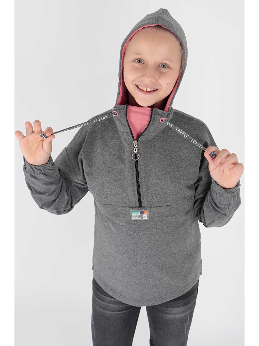 Antrasit Kids Kız Kapşonlu Sweat Uzun Kollu Fermuarlı Hoodie Pamuklu Ak15260-3