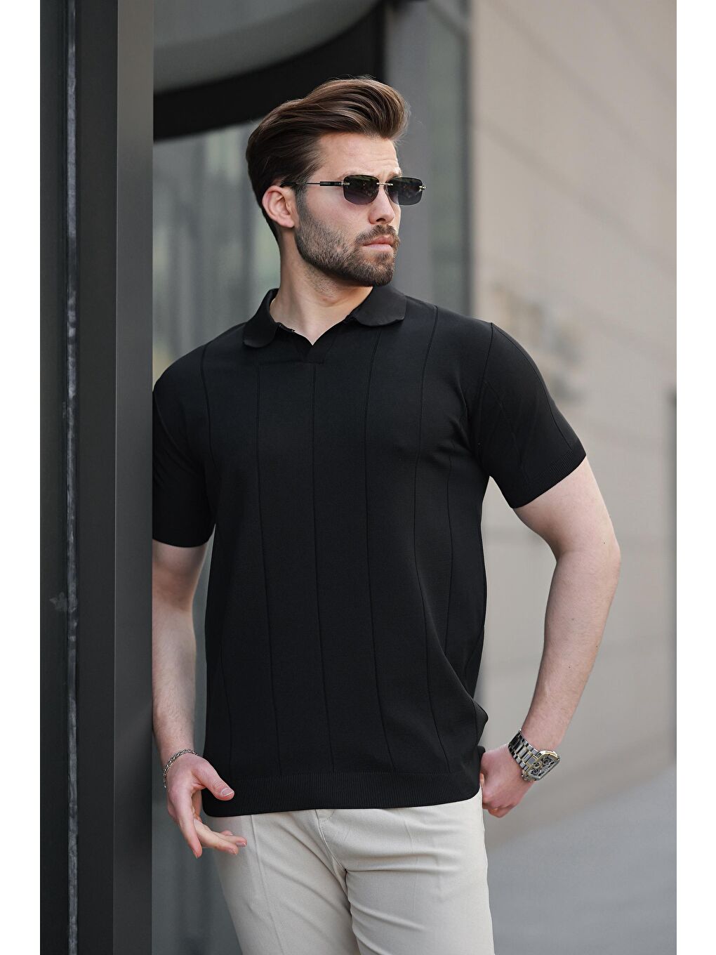 Siyah Polo Yaka Triko Erkek Tişört E7417