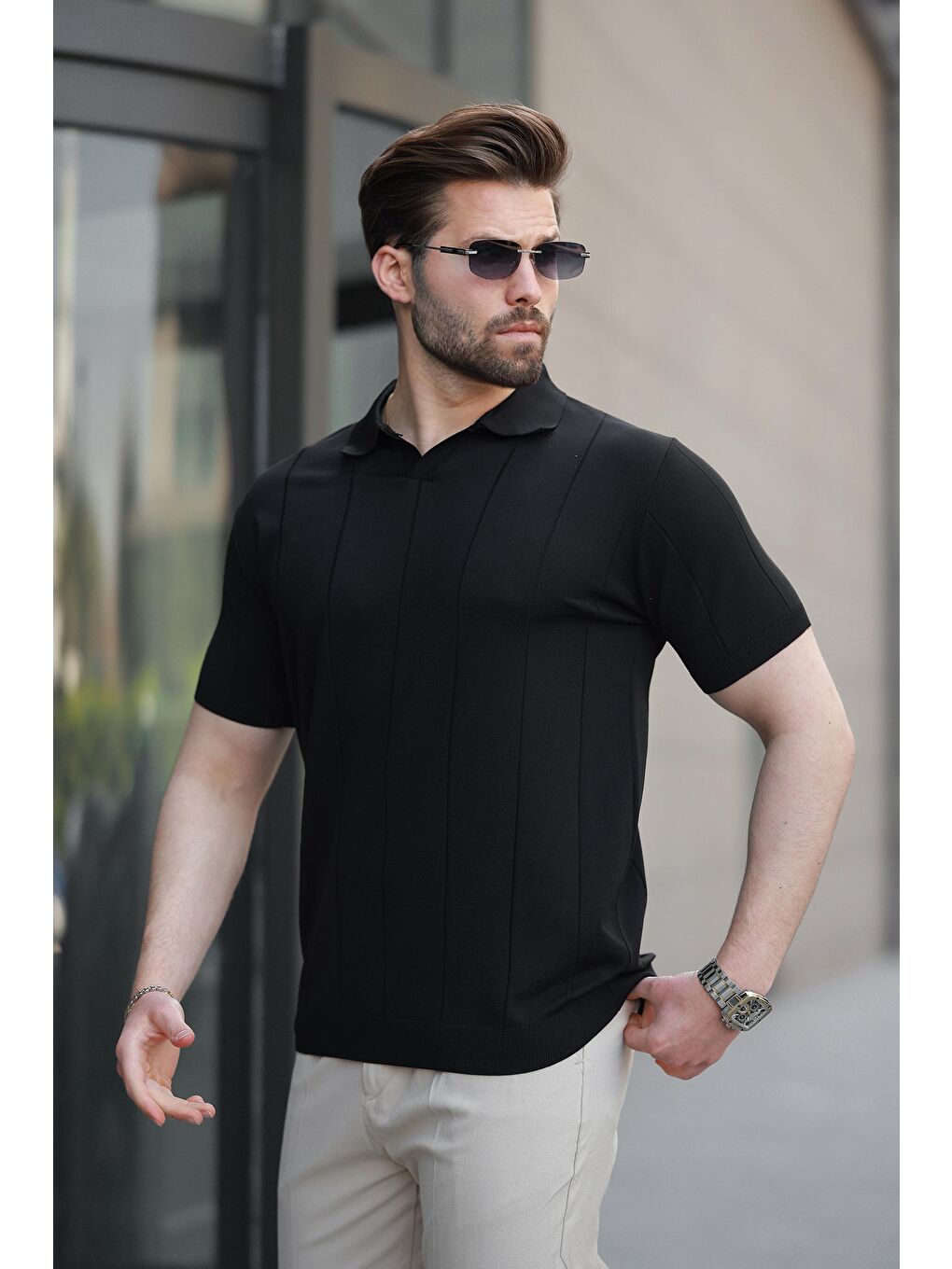 Siyah Polo Yaka Triko Erkek Tişört E7417-1