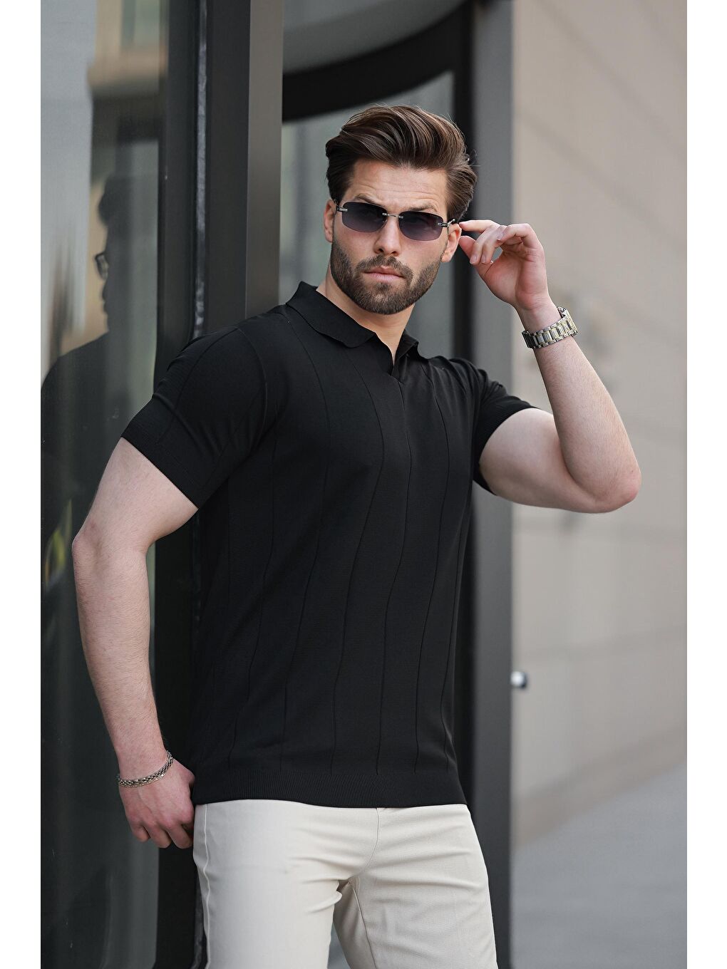 Siyah Polo Yaka Triko Erkek Tişört E7417-2