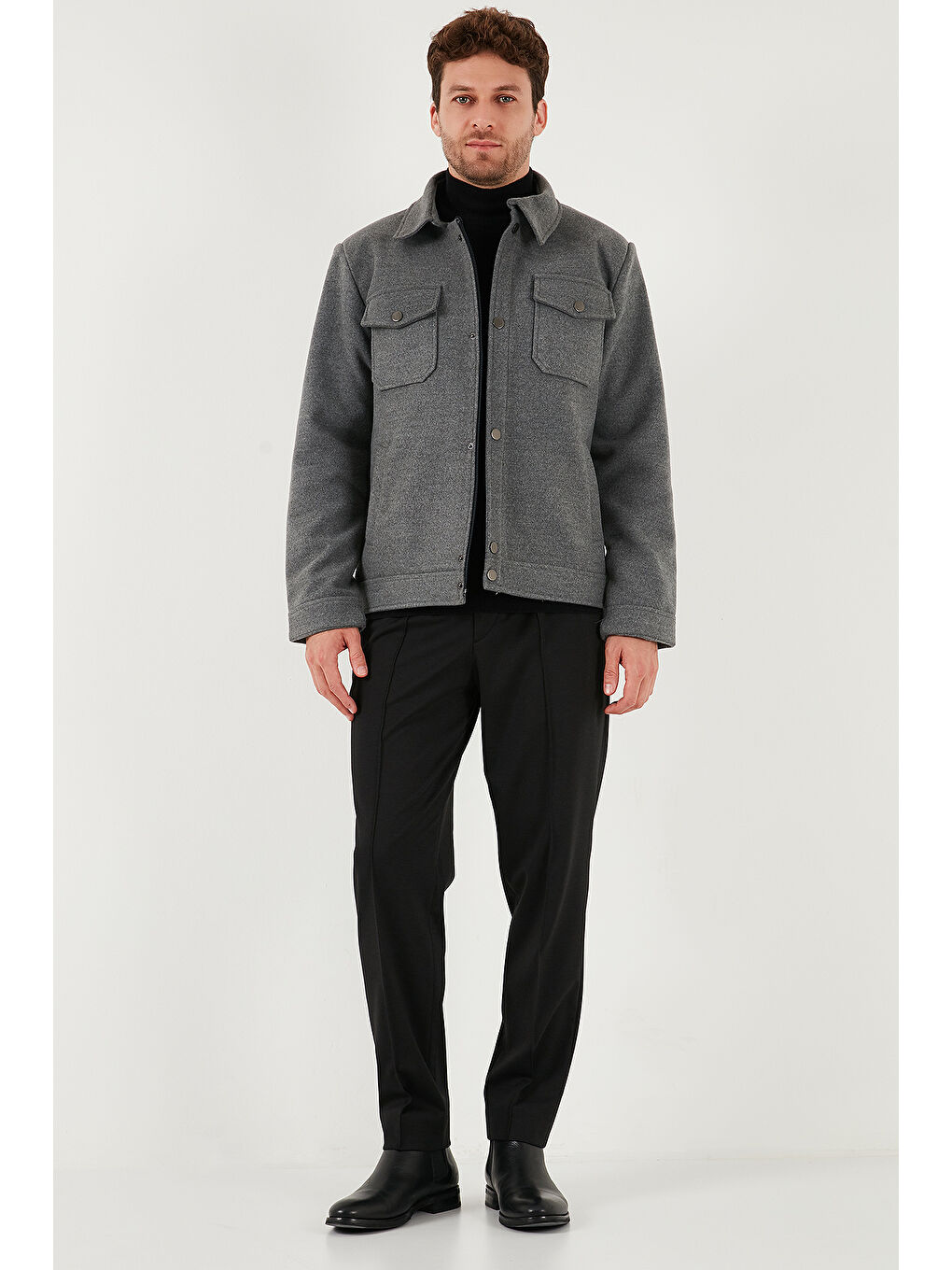 Gri Slim Fit Ceket Yaka Astarlı Kaşe Kaban 58400347-1