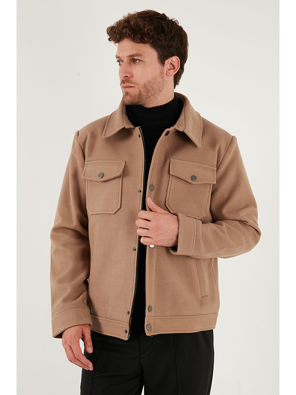 Kahverengi Slim Fit Ceket Yaka Astarlı Kaşe Kaban 58400347