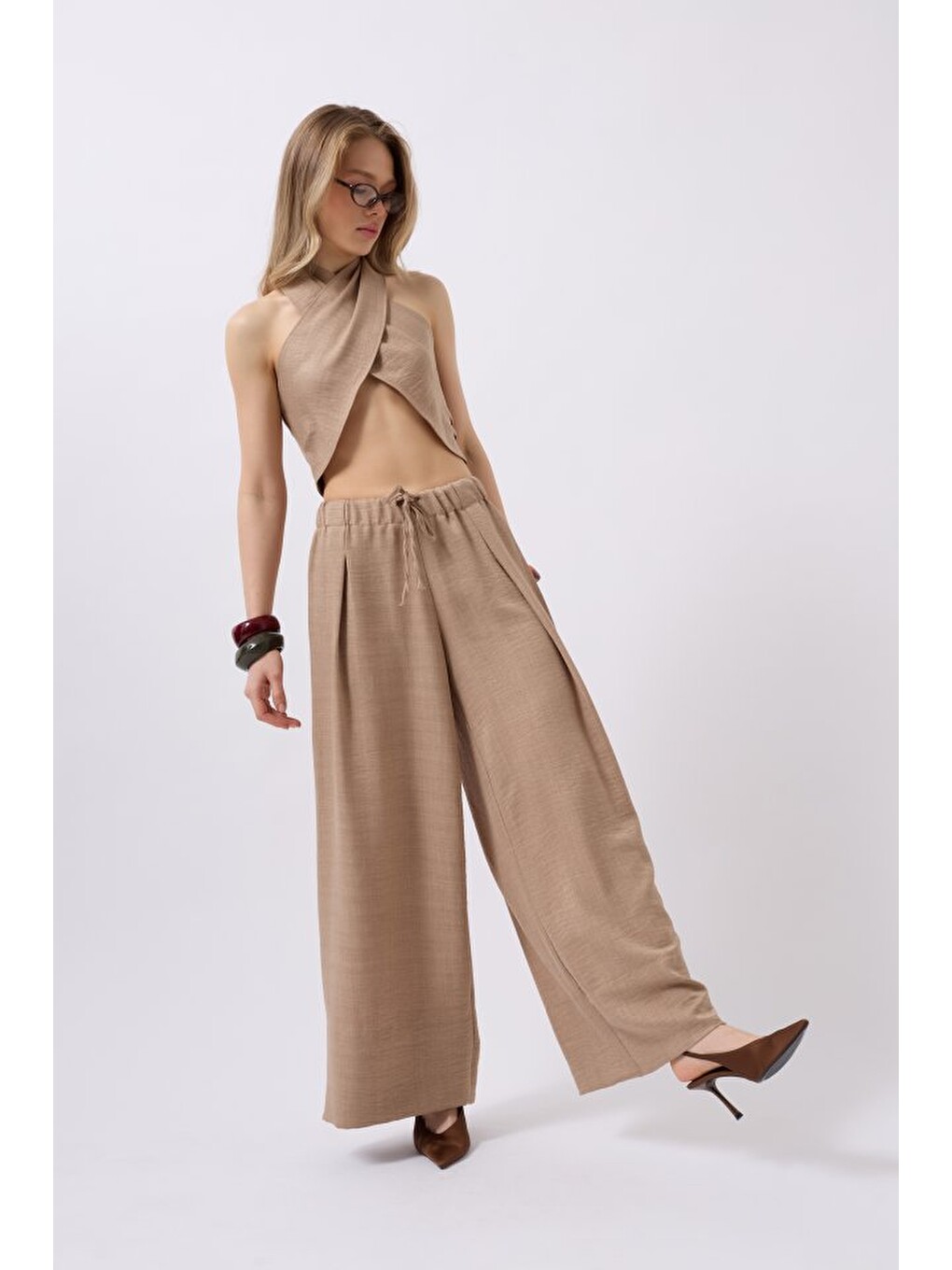 Bej Düşük Bel Oversize Keten Pantolon-1
