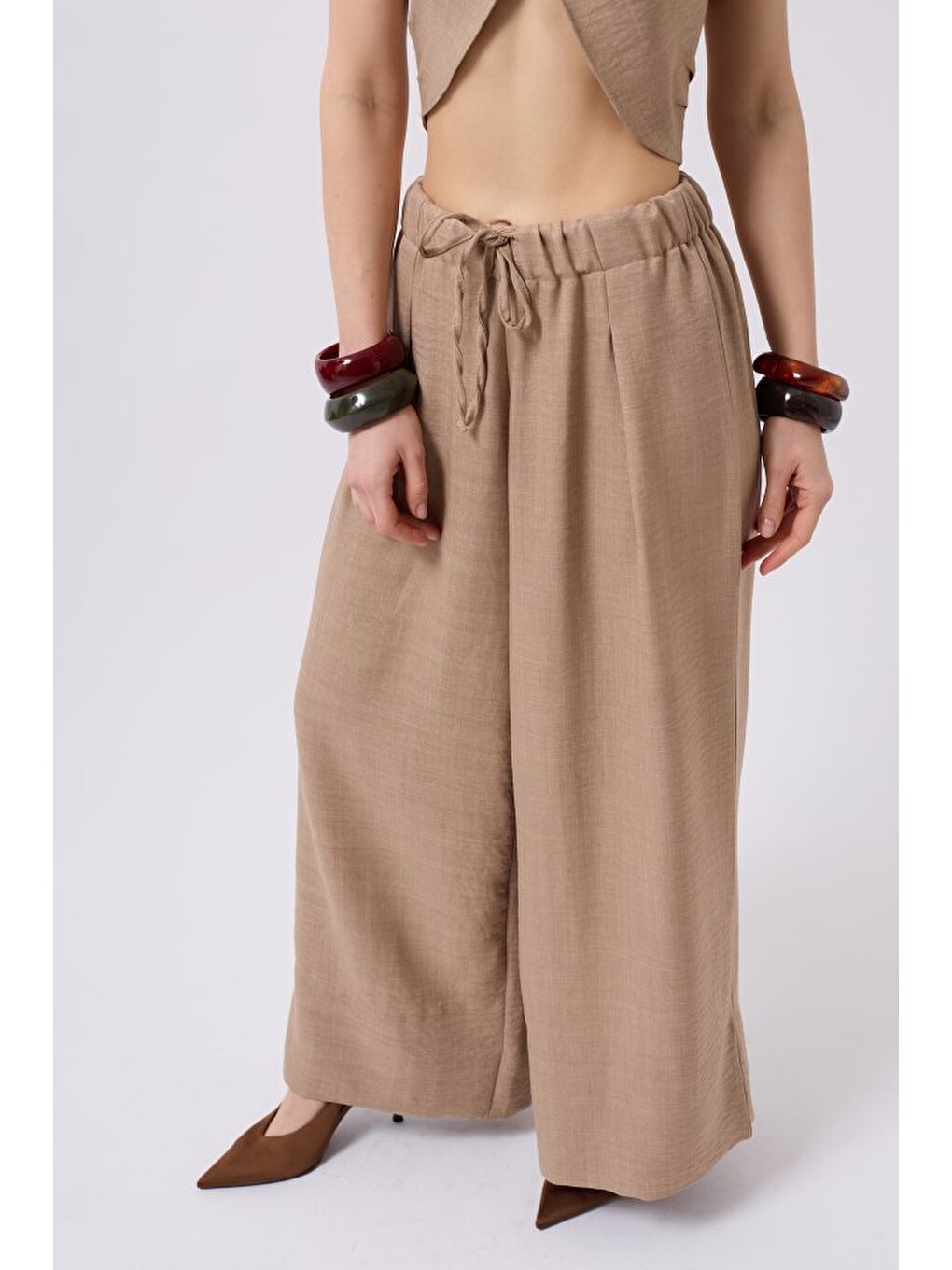 Bej Düşük Bel Oversize Keten Pantolon-2