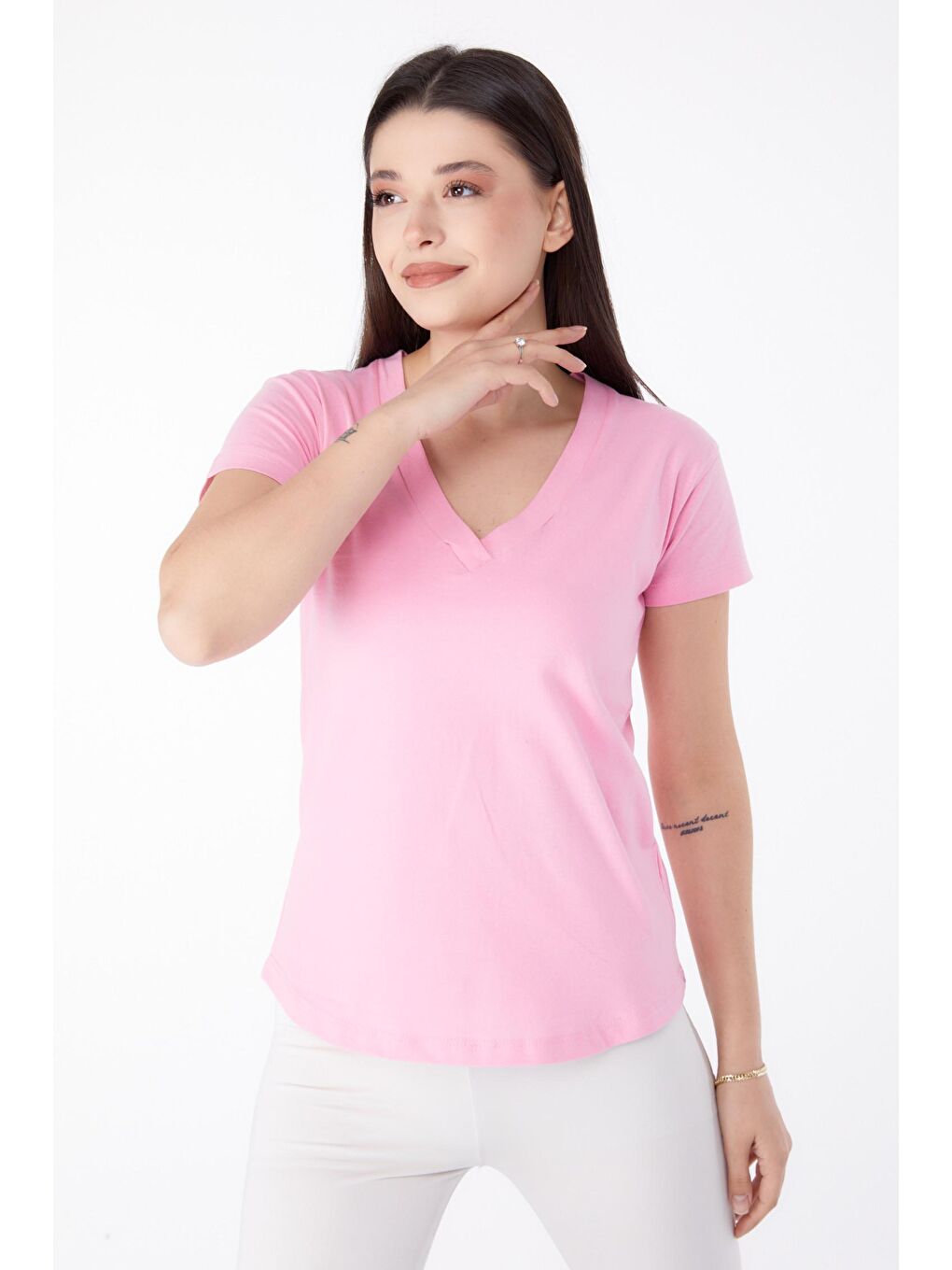 TOFİSA Pembe Düz Orta Kadın Pembe V Yaka T-shirt  - 25326