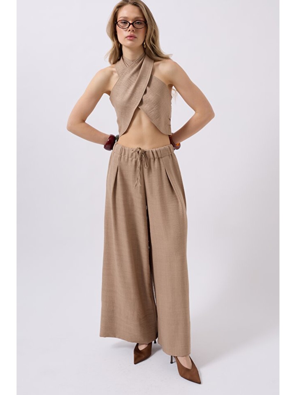 Bej Düşük Bel Oversize Keten Pantolon-3