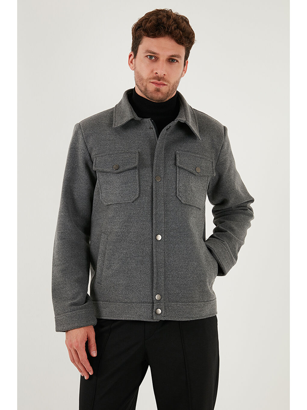 Gri Slim Fit Ceket Yaka Astarlı Kaşe Kaban 58400347-2