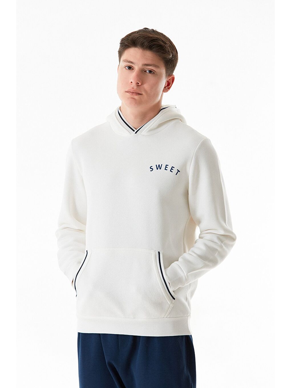 Ekru 3 İplik Sweet Yazı Baskılı Kanguru Cepli Kapüşonlu Erkek Hoodie-2