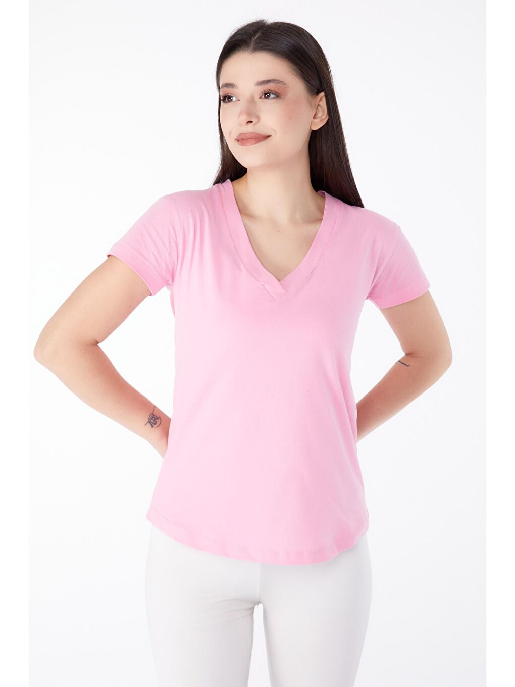 TOFİSA Pembe Düz Orta Kadın Pembe V Yaka T-shirt  - 25326 - 1