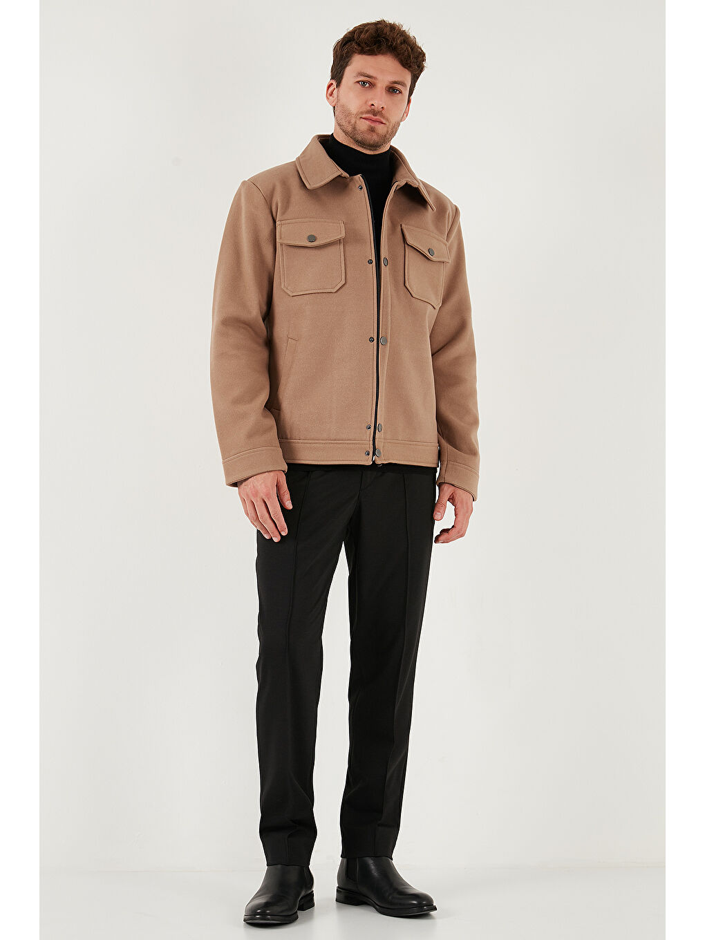 Kahverengi Slim Fit Ceket Yaka Astarlı Kaşe Kaban 58400347-1