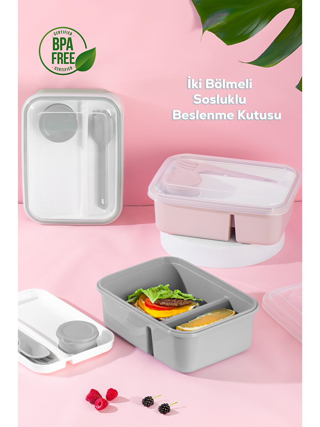 Porsima Açık Gri 1183 Kendinden Kaşık Çatallı Sosluklu Bölmeli Beslenme Kabı - Taşınabilir Lunch Box Gri