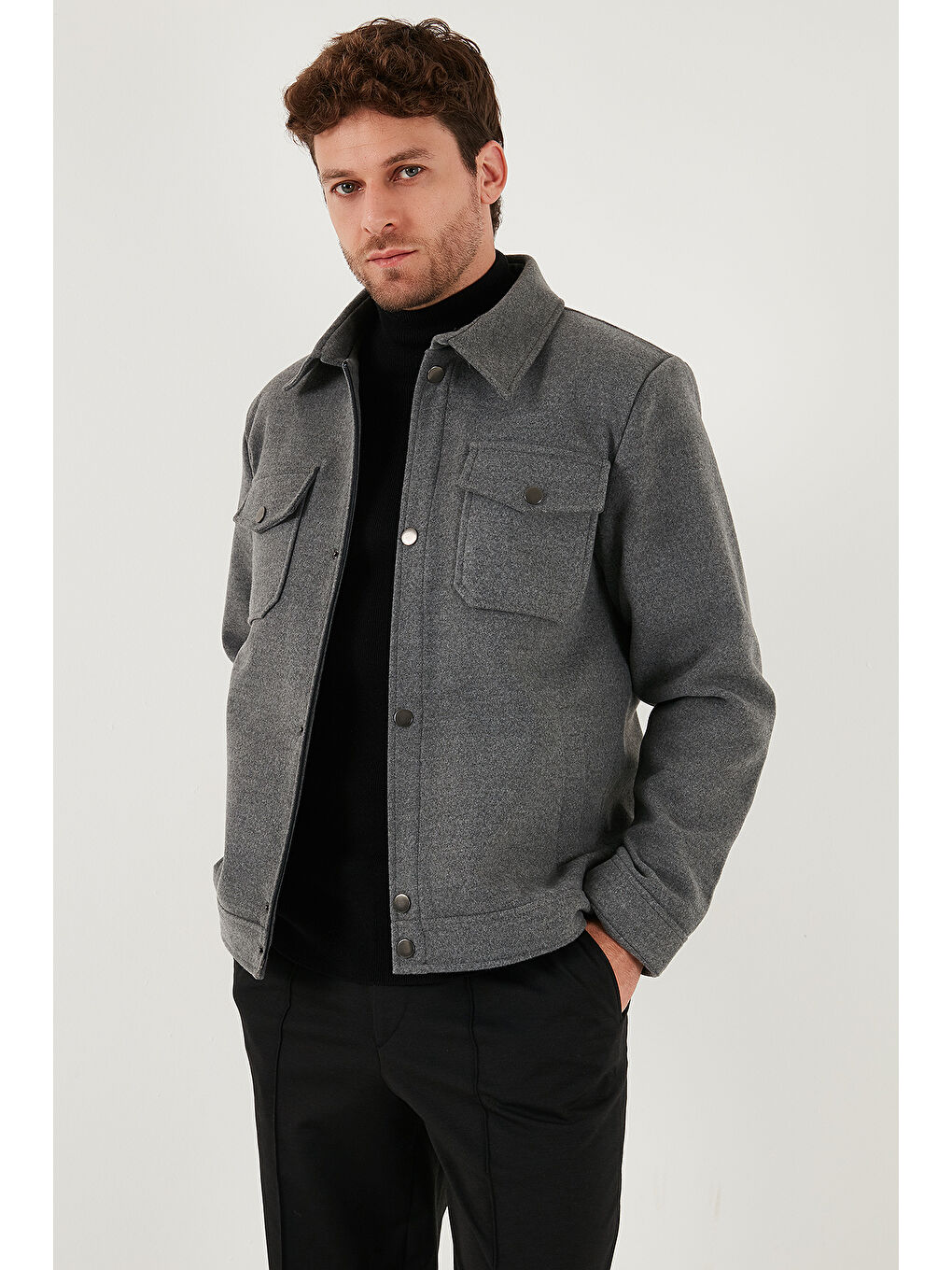 Gri Slim Fit Ceket Yaka Astarlı Kaşe Kaban 58400347-3