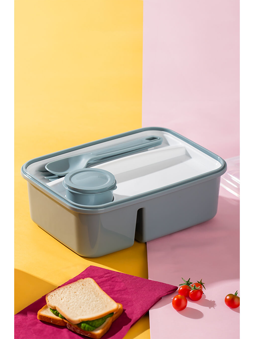 Porsima Açık Mavi 1183 Kendinden Kaşık Çatallı Sosluklu Bölmeli Beslenme Kabı - Taşınabilir Lunch Box Mavi - 1