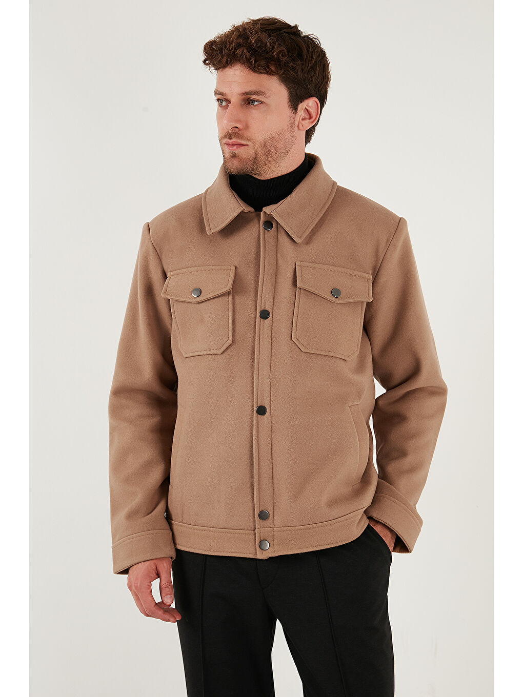 Kahverengi Slim Fit Ceket Yaka Astarlı Kaşe Kaban 58400347-2