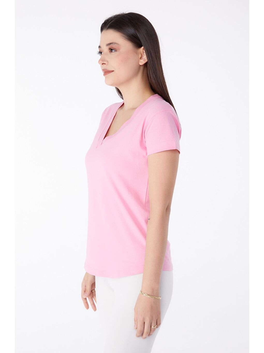 TOFİSA Pembe Düz Orta Kadın Pembe V Yaka T-shirt  - 25326 - 3