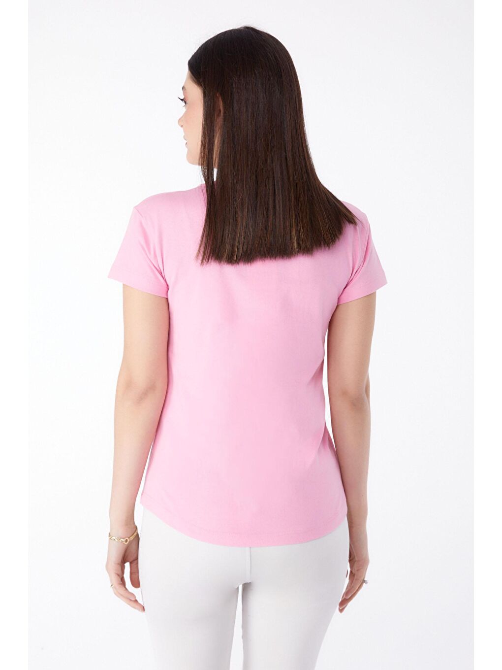 TOFİSA Pembe Düz Orta Kadın Pembe V Yaka T-shirt  - 25326 - 4