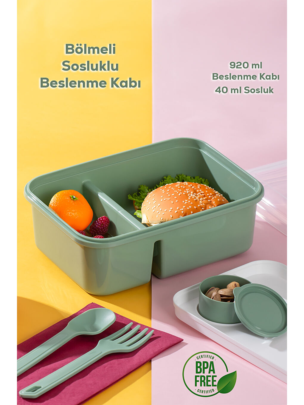 Porsima 1183 Kendinden Kaşık Çatallı Sosluklu Bölmeli Beslenme Kabı - Taşınabilir Lunch Box Yeşil - 2