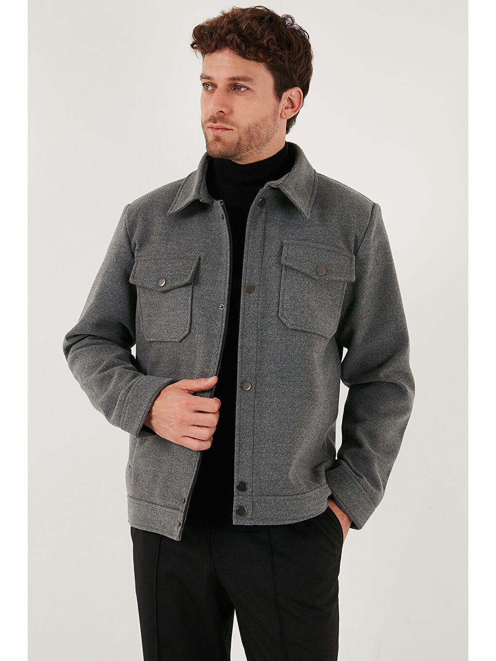 Gri Slim Fit Ceket Yaka Astarlı Kaşe Kaban 58400347-4