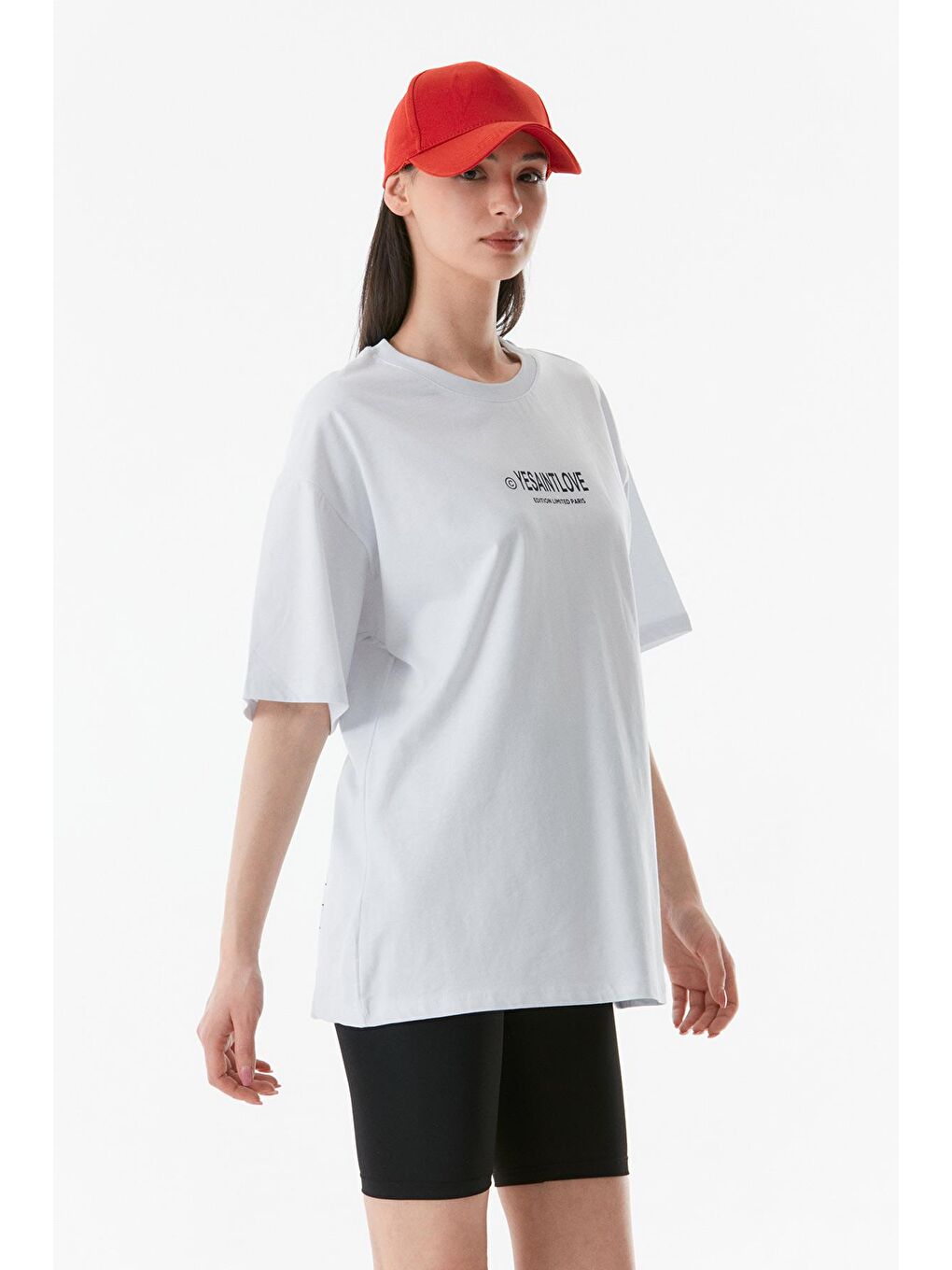 Beyaz Önü Ve Arkası Baskılı Oversize Tişört-3