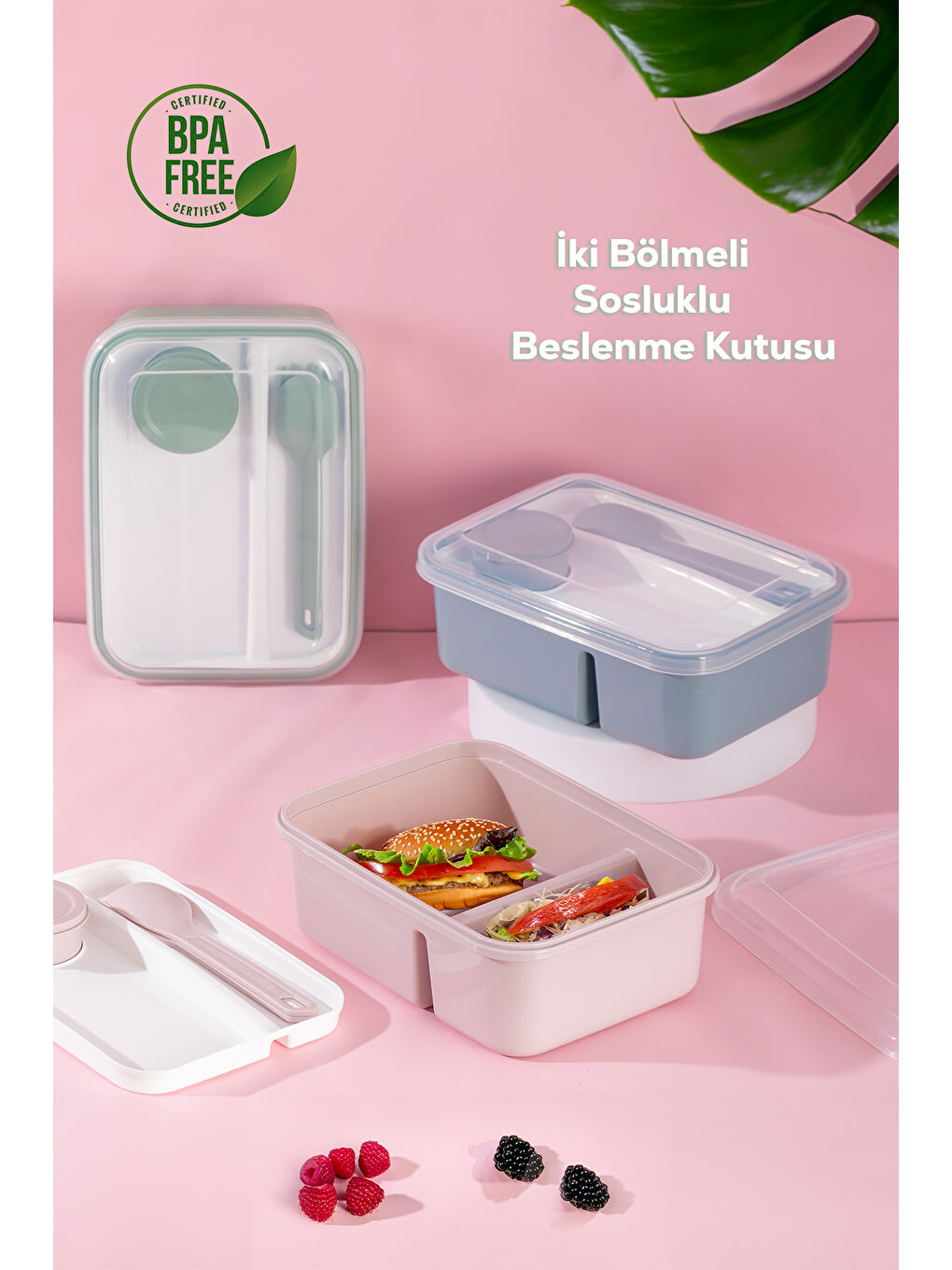 Porsima Açık Pembe 1183 Kendinden Kaşık Çatallı Sosluklu Bölmeli Beslenme Kabı - Taşınabilir Lunch Box Pembe