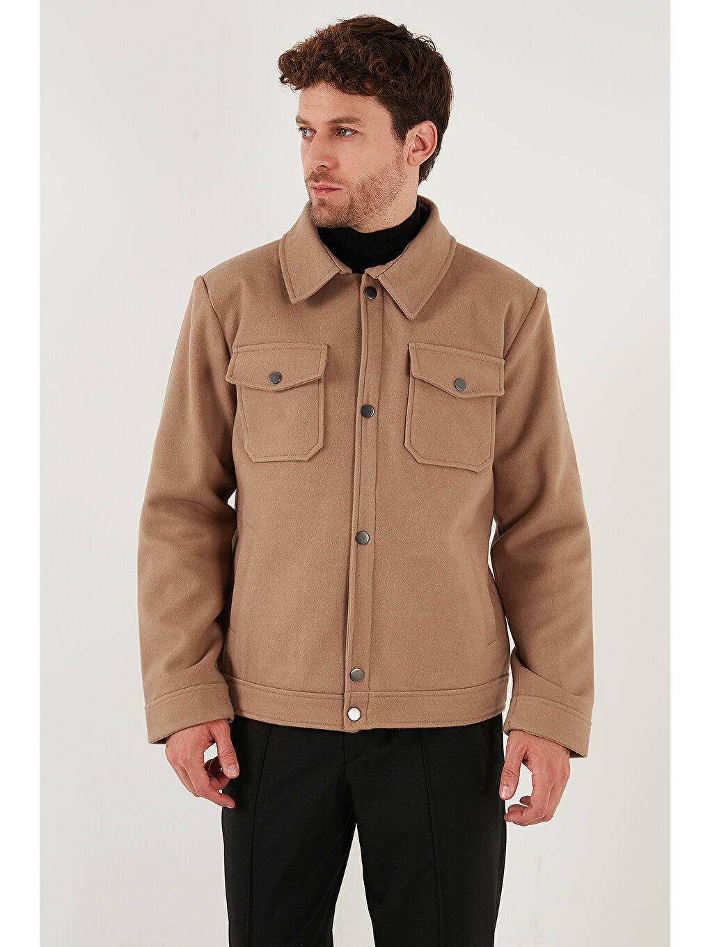 Kahverengi Slim Fit Ceket Yaka Astarlı Kaşe Kaban 58400347-3