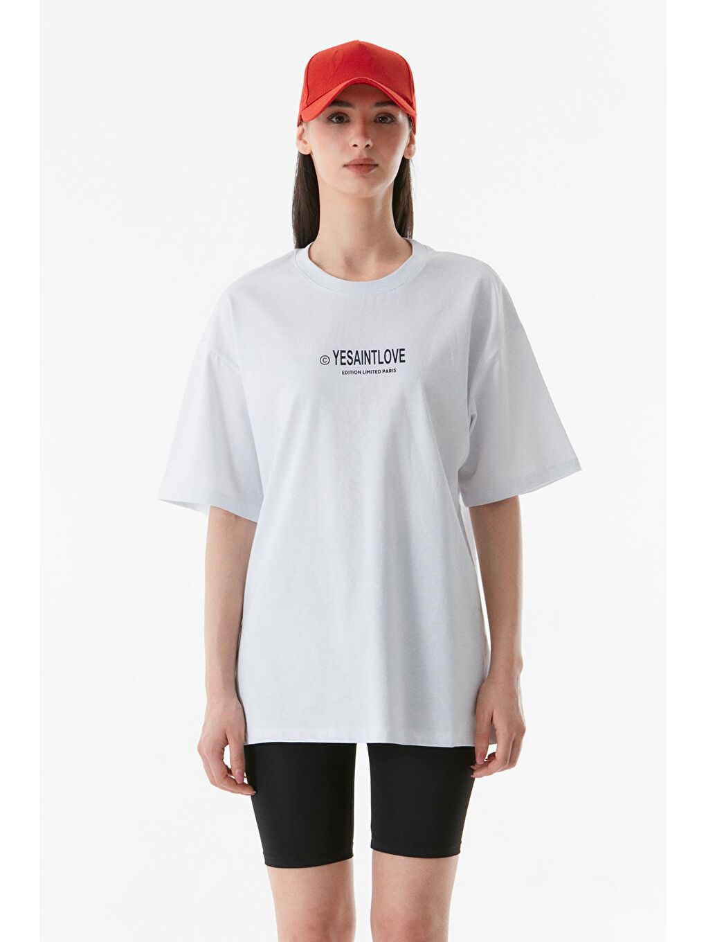 Beyaz Önü Ve Arkası Baskılı Oversize Tişört-4