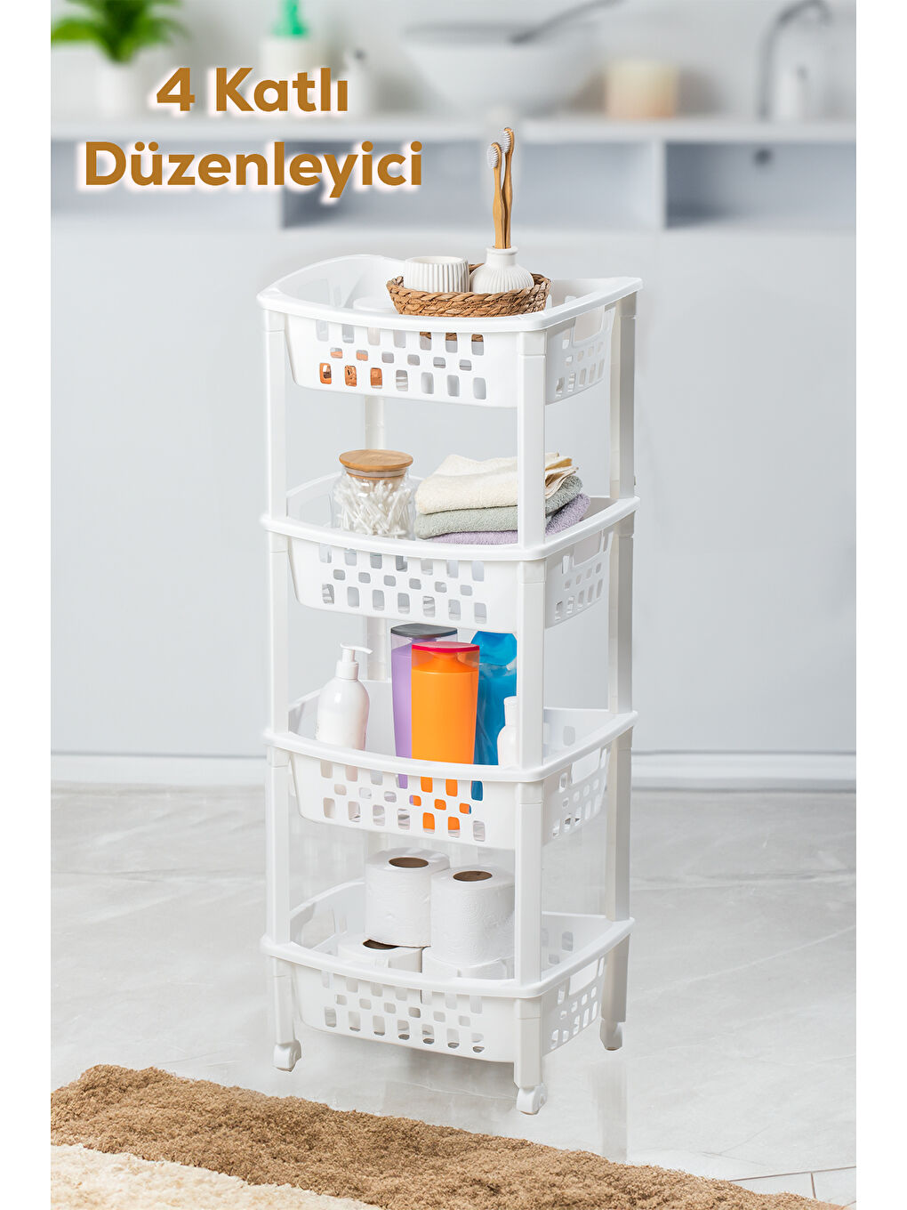 Porsima Beyaz 79-1 4 Katlı Tekerlekli Organizer Raf  Çok Amaçlı Mutfak Banyo Düzenleyici Raf Ünitesi Beyaz