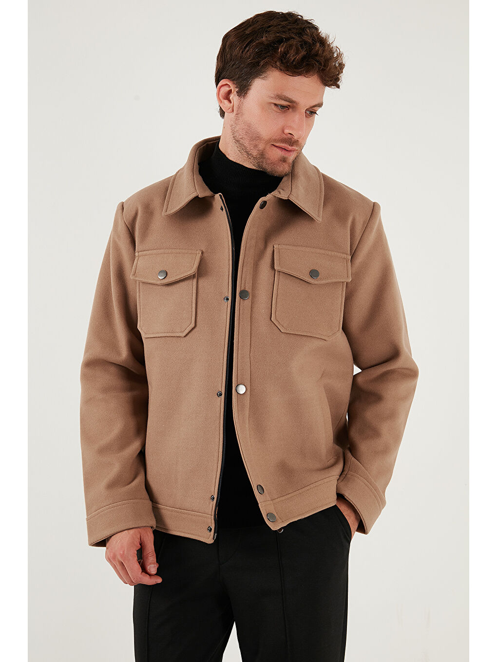 Kahverengi Slim Fit Ceket Yaka Astarlı Kaşe Kaban 58400347-4