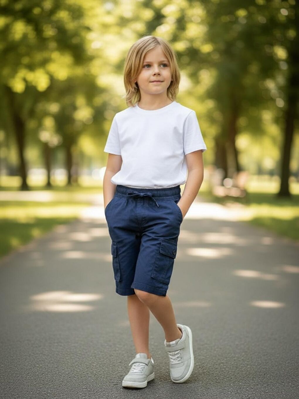 Lacivert Erkek Çocuk Bel Lastikli Yan Cepli 3-14 Yaş Kapri Şort-1