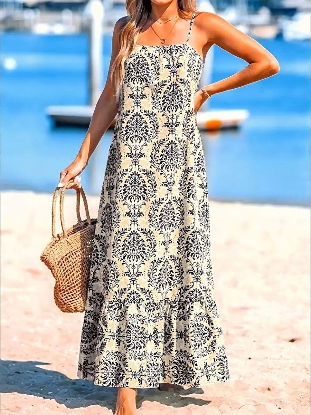 Lacivert Kadın Ip Askılı Desenli Fırfırlı Süprem Elbise-2