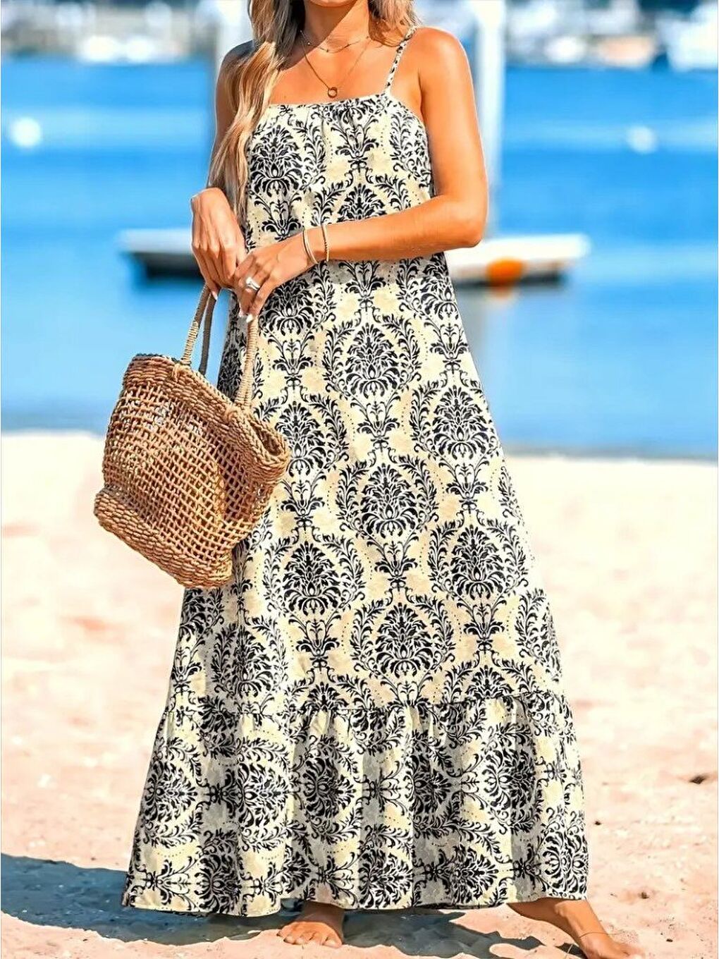 Lacivert Kadın Ip Askılı Desenli Fırfırlı Süprem Elbise-4