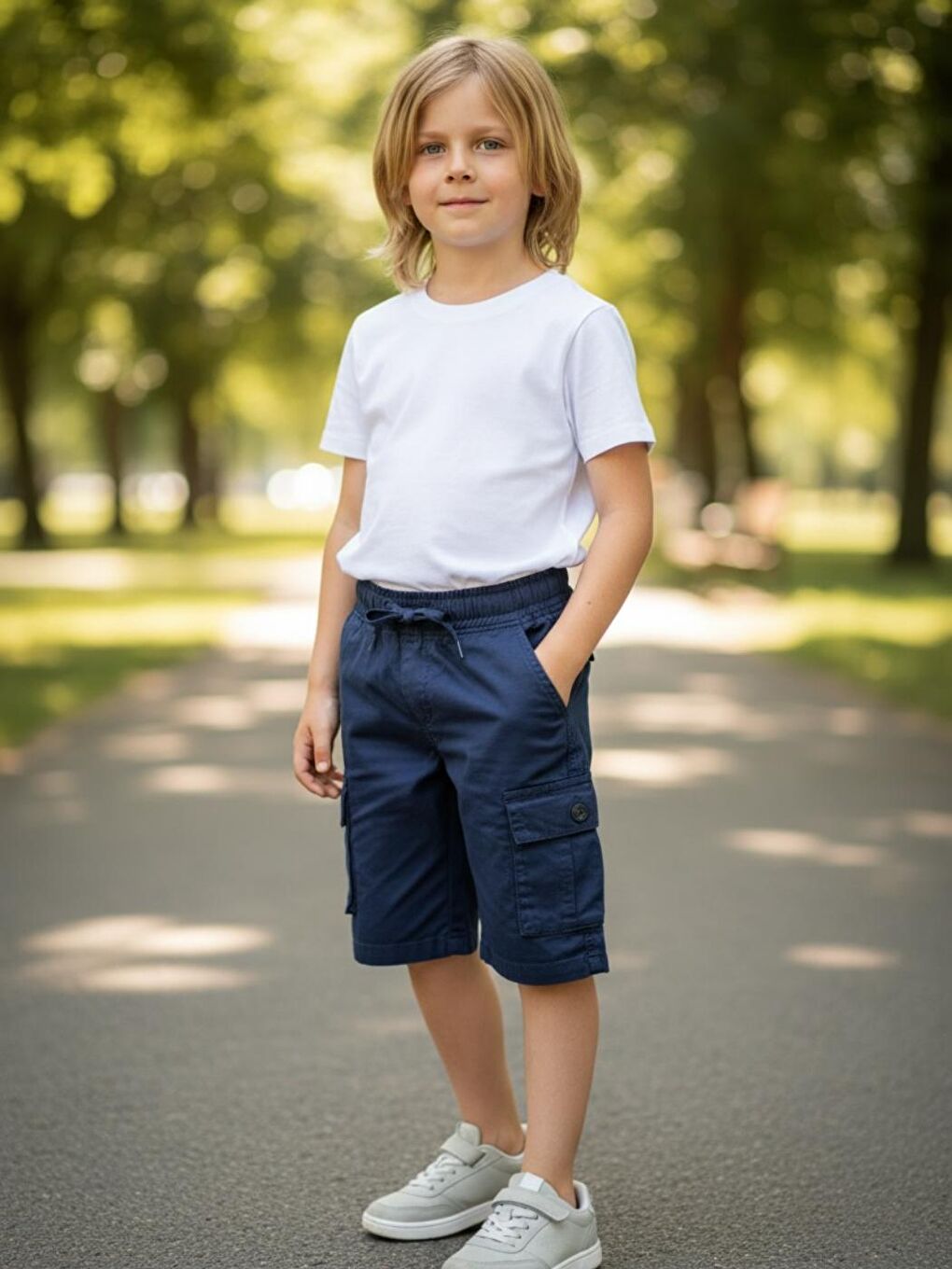 Lacivert Erkek Çocuk Bel Lastikli Yan Cepli 3-14 Yaş Kapri Şort-2