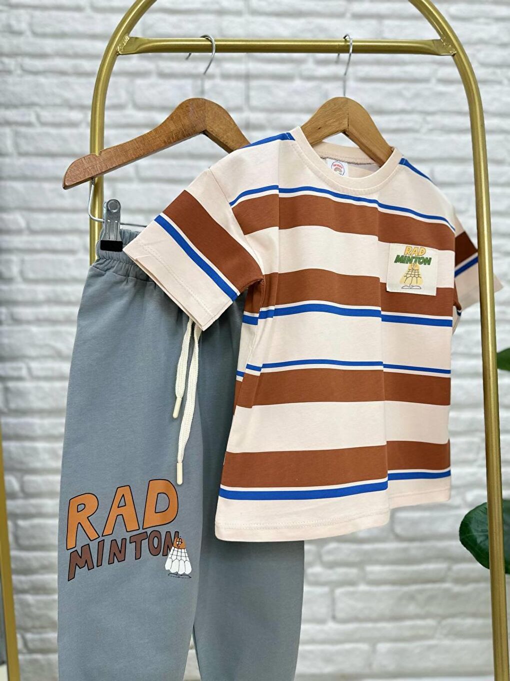 Karışık Erkek Çocuk Pamuklu Kahverengi Çizgili T-Shirt Ve Eşofman Altı Takım - Rahat Günlük Kombin-2