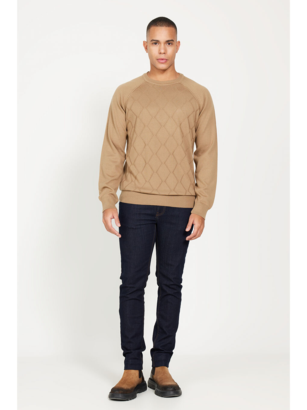 Erkek Bej Standart Fit Normal Kesim Bisiklet Yaka Jakarlı Triko Kazak-1