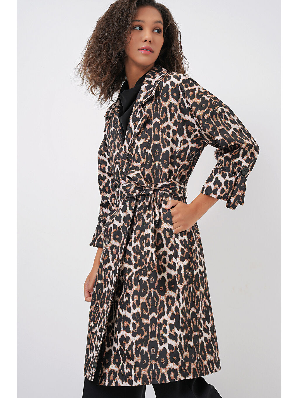 9104 Kruvaze Yaka Astarlı Trençkot - M. Kahverengi-2