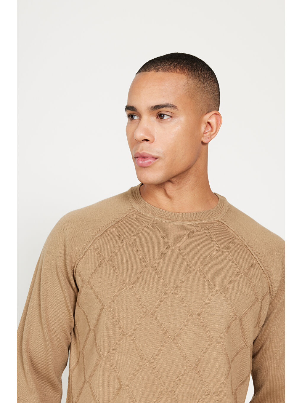 Erkek Bej Standart Fit Normal Kesim Bisiklet Yaka Jakarlı Triko Kazak-3