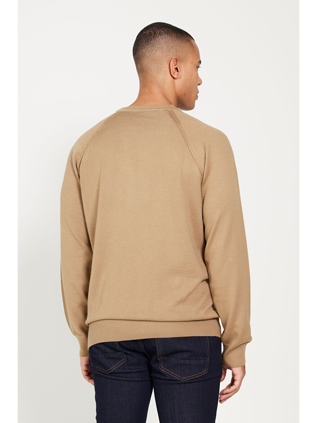 Erkek Bej Standart Fit Normal Kesim Bisiklet Yaka Jakarlı Triko Kazak-4