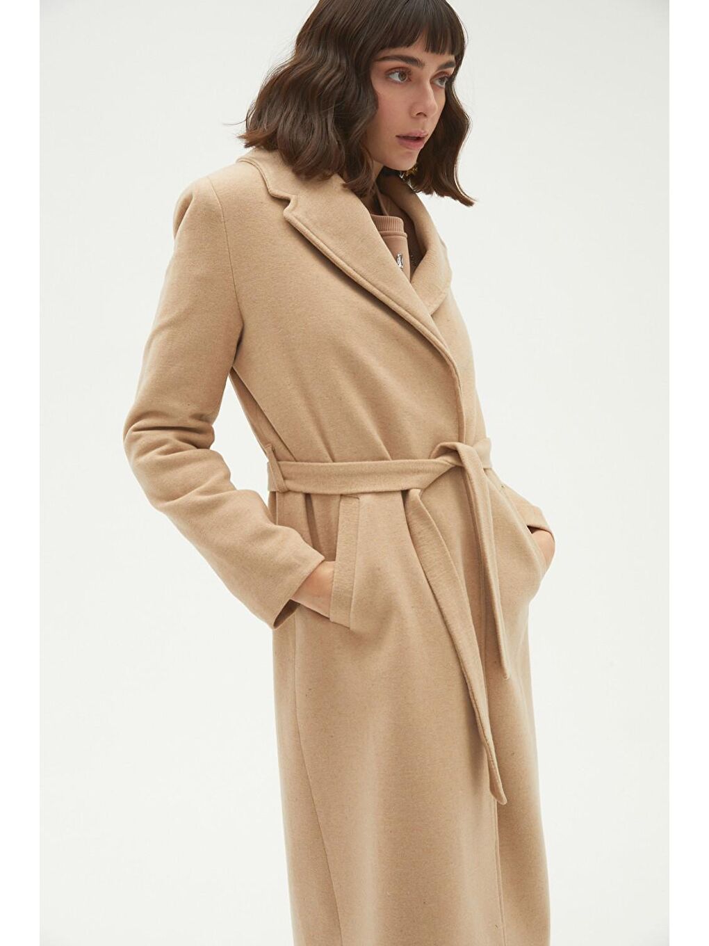 Bej Bağlamalı Kaşe Kaban-2