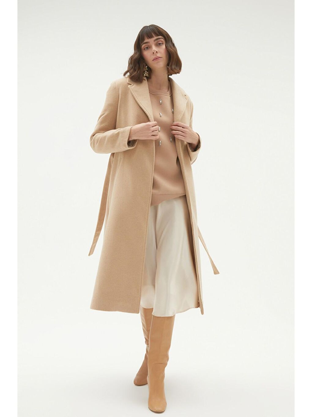 Bej Bağlamalı Kaşe Kaban-3