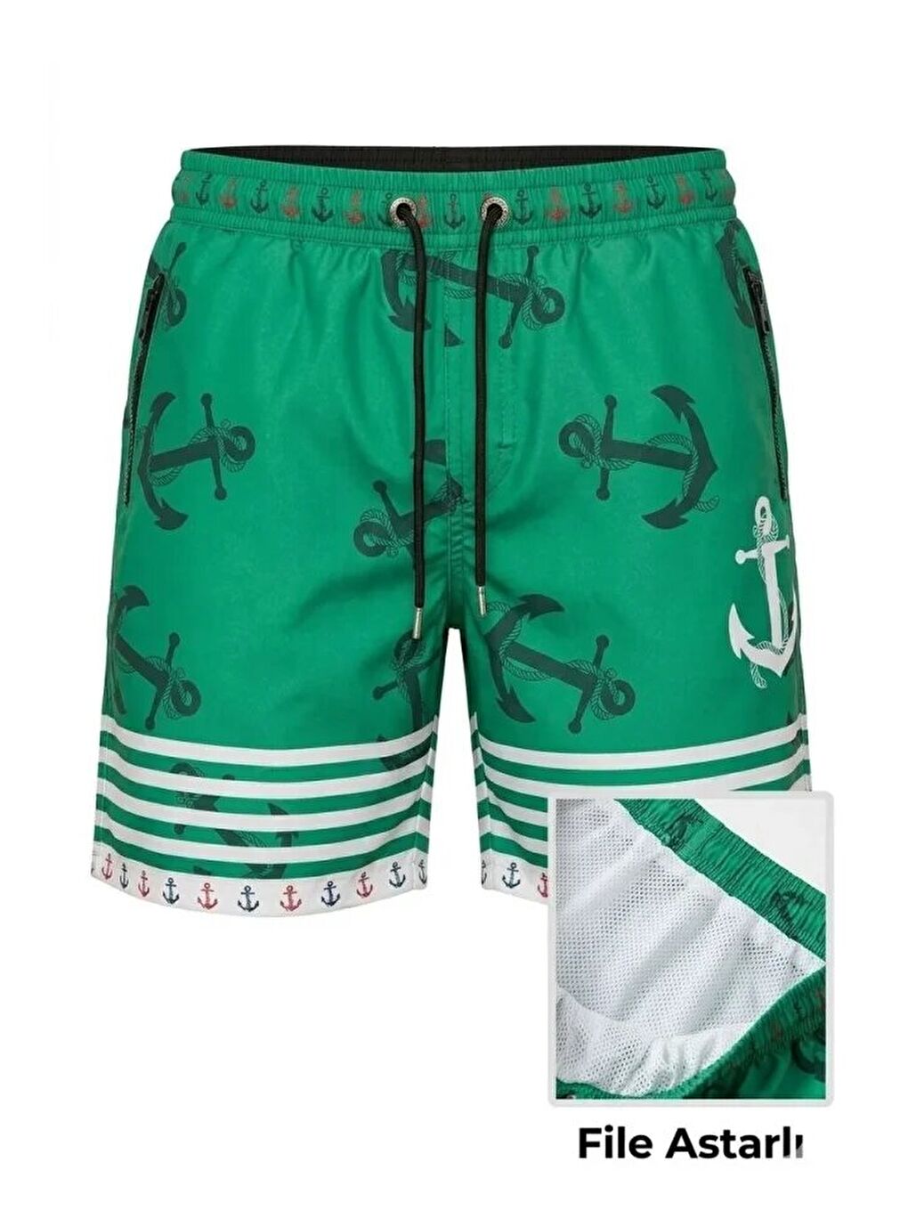 Turkuaz Erkek Deniz Şortu Fermuarlı Cepli File Astarlı Hızlı Kuruyan Premium - Su Yeşili