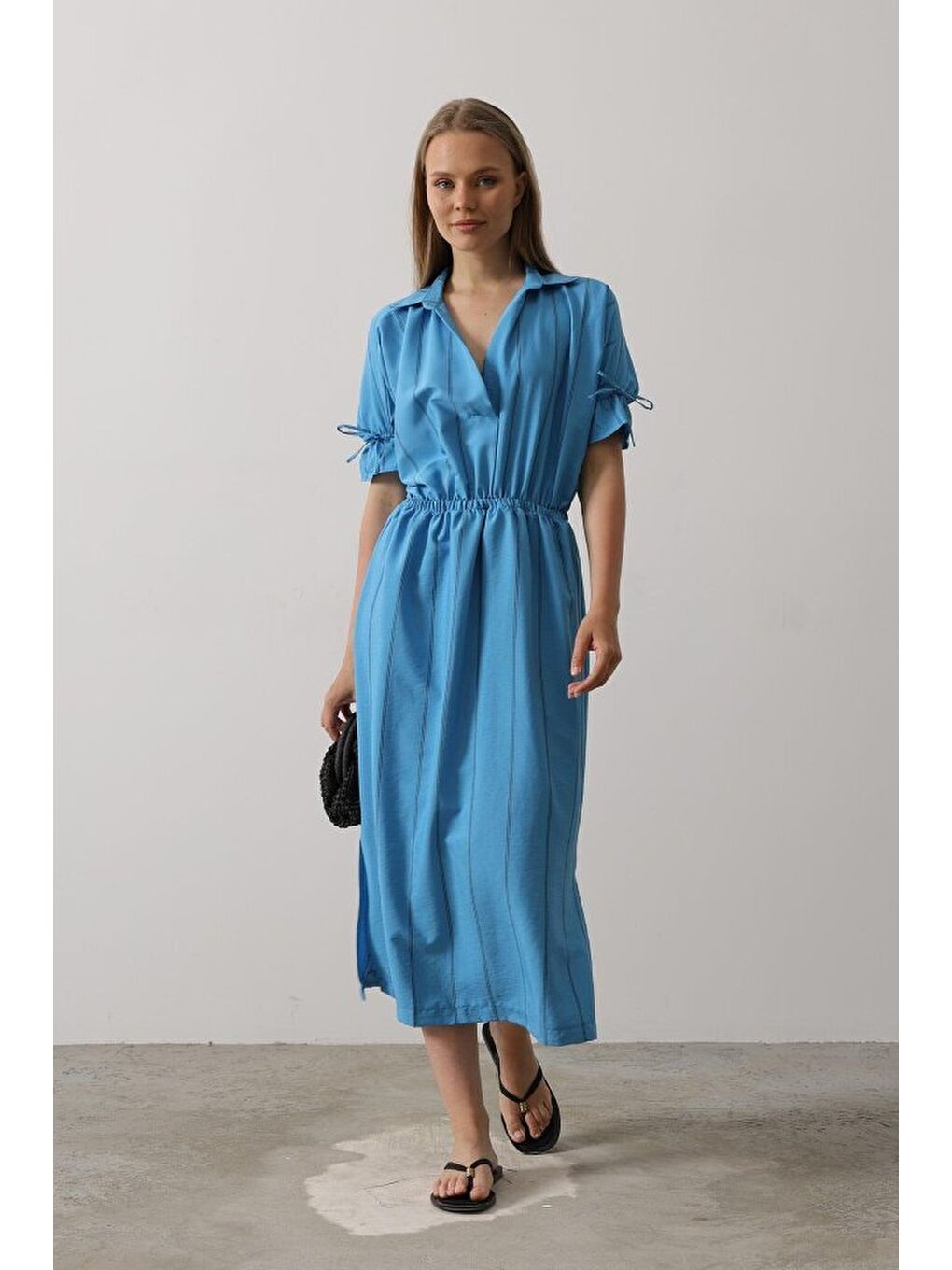 Beli Lastikli Elbise - Mavi-1