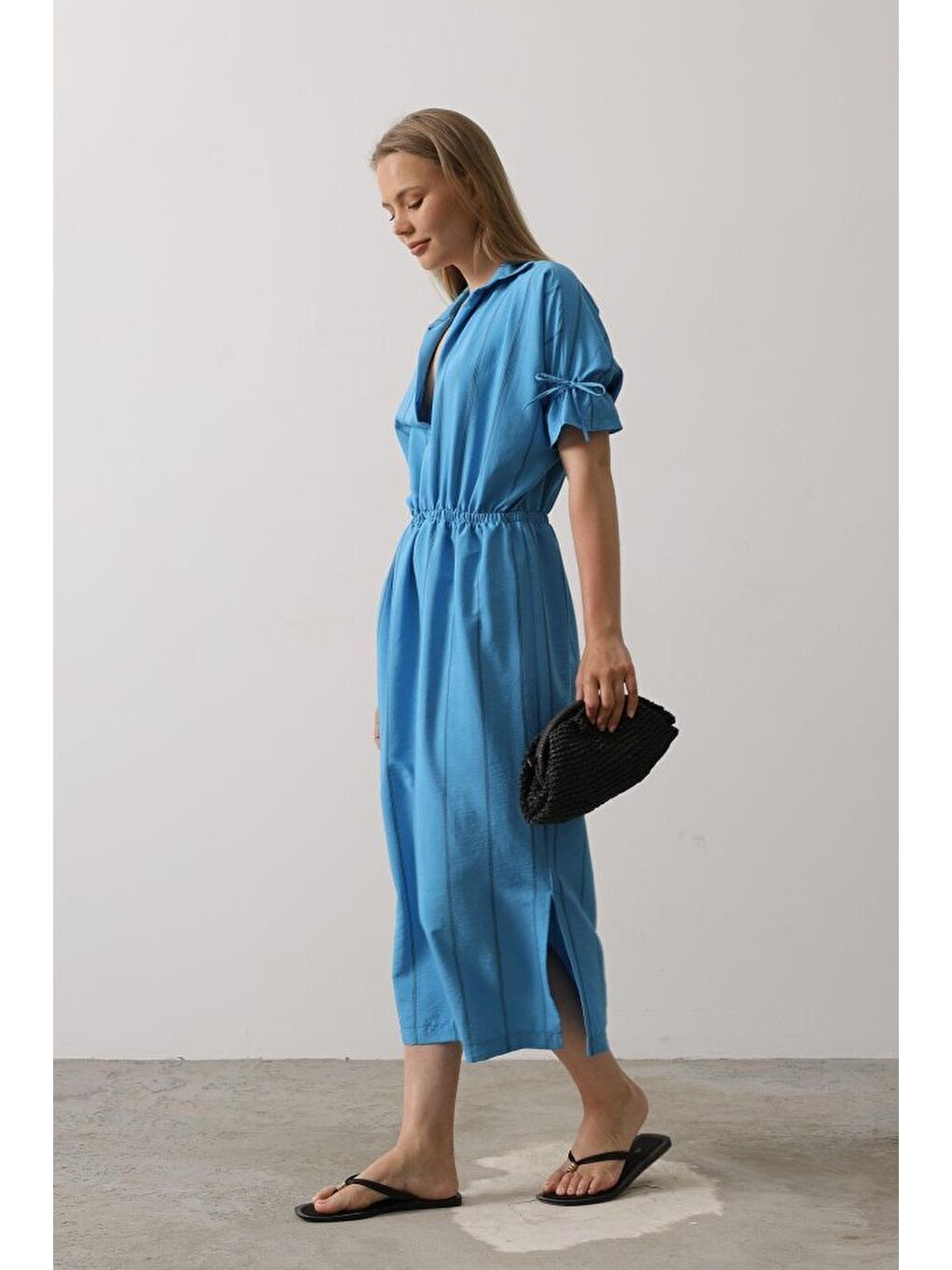 Beli Lastikli Elbise - Mavi-2
