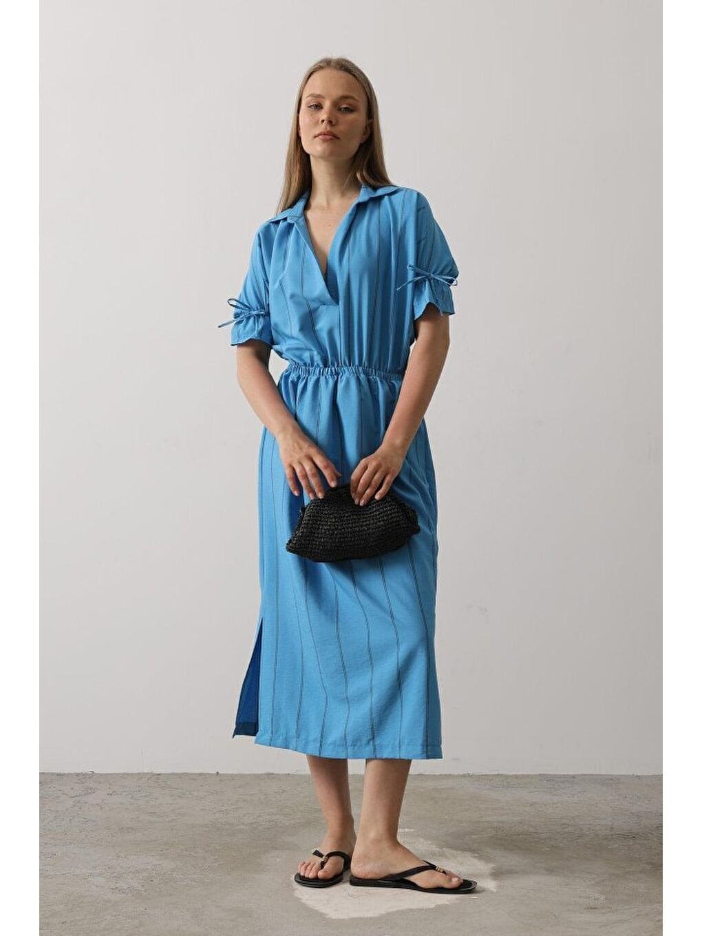 Beli Lastikli Elbise - Mavi-3