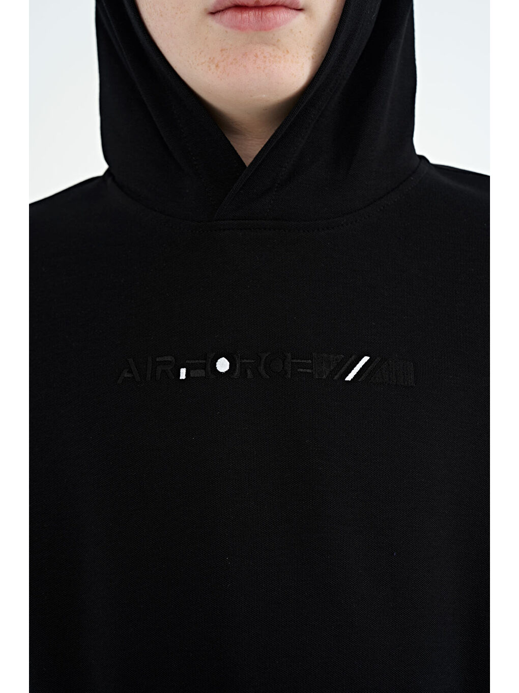 Siyah Kanguru Cepli Kapüşonlu Nakış Detaylı Oversize Erkek Çocuk Şort Takım  11136-2